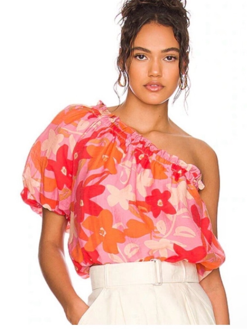 ASTR The Label Atlanta One Shoulder Ted Pink Orange Top Size Small